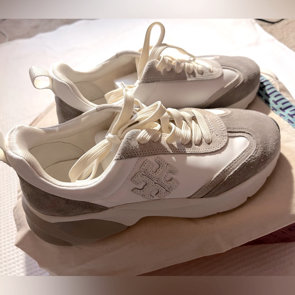 Tory Burch Cream and Light Gray Suede-Trim Platform Sneakers